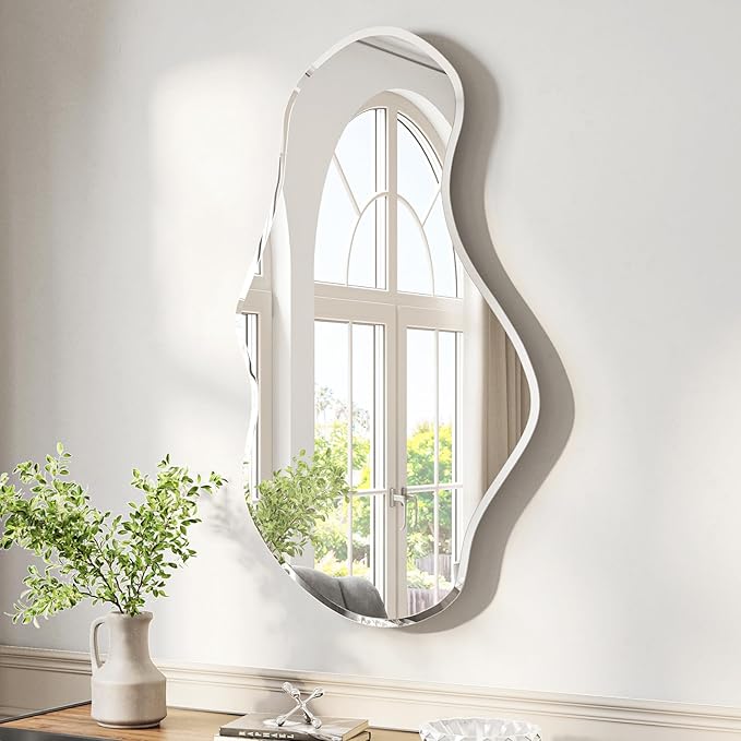USHOWER Irregular Wall Mirror 26"x46", Frameless Asymmetrical Mirror, Modern Wall Mirrors Decorative for Bathroom, Bedroom, Living Room, Entryway, Cloakroom Renovation