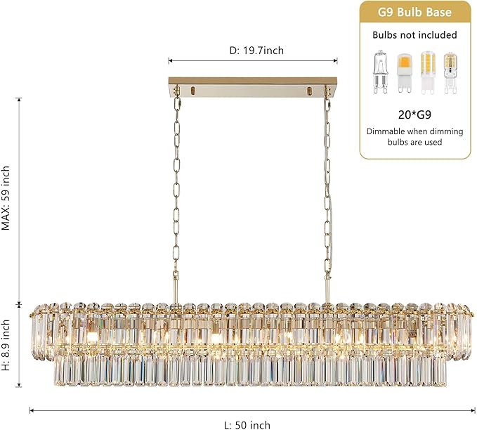 L50in Gold Crystal Chandeliers 20-Light Modern Chandeliers for Dining Room Large Rectangle Luxury Pendant Light Fixture for Kitchen Island,Entryway,Living Room