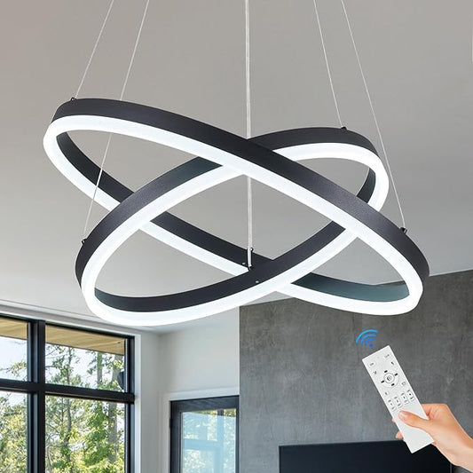 Modern LED Chandelier Black 2-Rings Pendant Light Circular Flush Mount Ceiling Chandelier Lighting with Remote Control for Bedroom Living Room Dining Room Entrance, 3000K-6500K