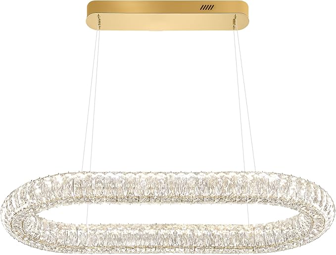 Oval Crystal Chandelier, 31.5'' Gold Crystal Ring Pendant Light for Kitchen Island Modern Linear Oval Chandeliers for Dining Room Dimmable 3000K-6000K