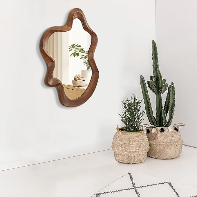 Asymmetrical Mirror Wood Frame Irregular Wall Mirrors Unique Shape Wall Mirrors Modern Artistic Cloud Mirror Decorative for Living Room Bedroom Cloakroom Bathroom Entryway Hallway 22"x15"