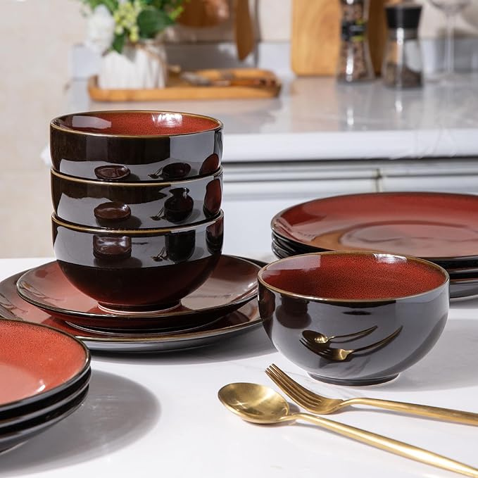 LERATIO Ceramic Dinnerware Sets for 8,Stoneware Plates and Bowls Sets,Handmade Reactive Glaze Dishes Set,Chip Resistant and Scratch Resistant | Oven&Dishwasher & Microwave Safe-Red (24PCS)
