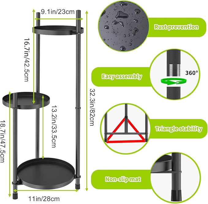 3 Tier Plant Stand Indoor Tall, Black Metal Corner Plant Stands for Indoor Multiple Plants, Flower Pot Stands Outdoor Holders Plant Shelf Display Rack for Garden Balcony Patio Living Room