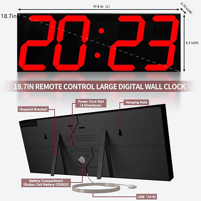 Large Digital Wall Clock,LED Digital Clock with Big Number,Multi-Function Remote Controlled Wall Clock with Timer, Alarm and Calendar Display(Red)