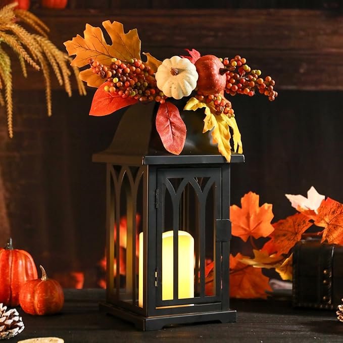Bdor 2 Pack Fall Lantern Decor with LED Candle – 15 Inch Harvest Pumpkin Maple Leaf Hanging Lantern for Autumn Thanksgiving Table Centerpiece Indoor Outdoor Decoration, Battery Operated