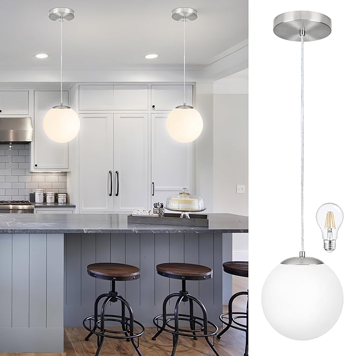 KoKo&Yukina 8 Inch Globe Pendant Light Nickel Globe Pendant Lights Kitchen Island Mid Century Light Fixture with Milky White Glass Shade Adjustable Lights for Dining Room
