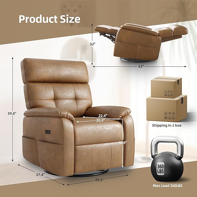 Overized Power Swivel Rocker Recliner Chair,PU Leather Sofa Reclining for Adults,Adjustable Rocker Reclining Sofa Lounge with USB&Type-C Ports,Side Pocket,for Living Room,Light Brown