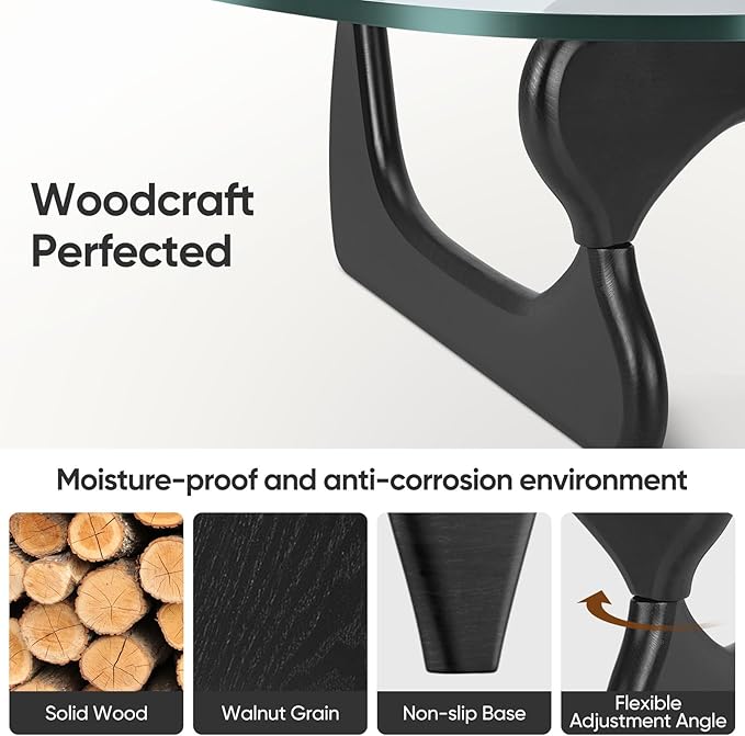 Triangle Glass Coffee Table with Solid Wood Base, 0.8'' Thick Clear Glass Top, 51'' Width Mid Century Modern Coffee Table for Living Room Bedroom Reception (Black)