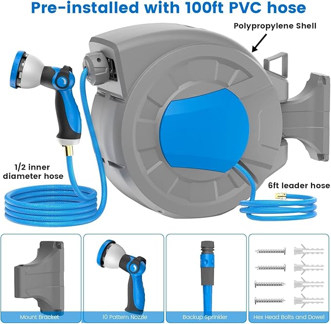 Retractable Garden Hose Reel, 1/2" x 100 ft + 6.5 ft Wall Mounted Water Hose Reel for Outside with 10 Pattern Nozzle, Automatic Slow Rewind System/Lock Any Length/180°Swivel