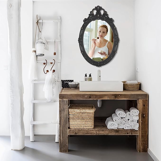 Vintage Black Hanging Wall Mirror Wall Decor 24"x16" Antique Oval Carved Wood Frame Bathroom Mirror Vanity Rustic Wall Mounted Mirrors Decorative Farmhouse Mirrors for Bedroom Living Room