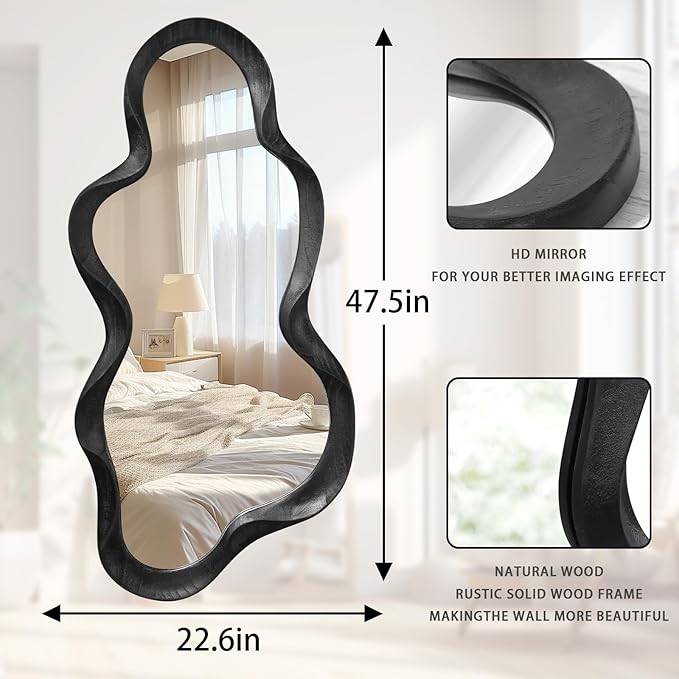 Irregular Wooden Framed Wall Mirror Modern Asymmetrical Cloud Hanging Mirror Artistic Mirror Decor Bathroom Vanity Bedroom Living Room Entryway Hallway Large 120x55cm Black