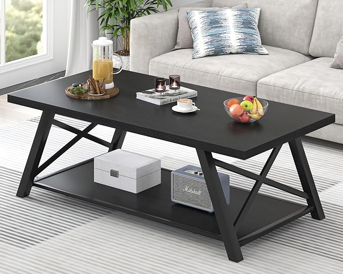 EXCEFUR Black Coffee Table, Modern Wood and Metal Center Table with Storage Shelf, Industrial Rectangle Cocktail Tea Table for Living Room, 47 Inch