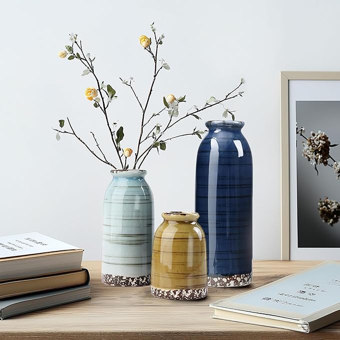 Ceramic Vase Set of 3, Farmhouse Rustic Decorative Vase for Home Decor, Modern Glazed Vase, Table Centerpiece for Living Room, Shelf, Bedroom, Kitchen (Colorful Cracks)