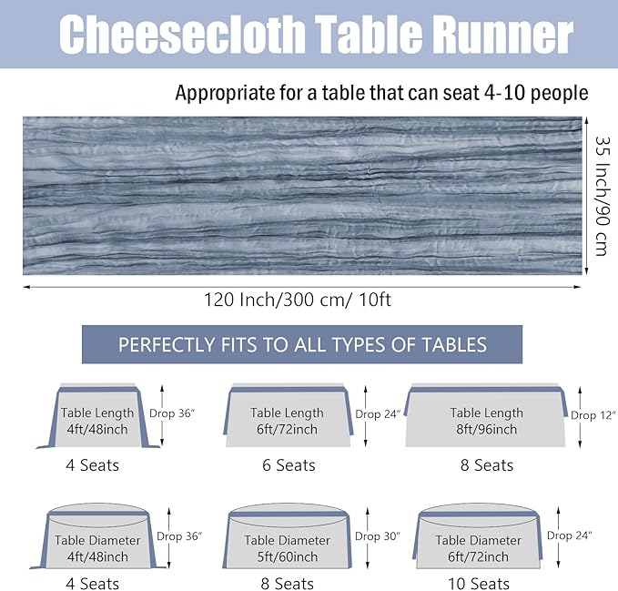 Dusty Blue Cheesecloth Table Runner 35x120 Inches 10ft Boho Gauze Rustic Cheese Cloth Table Runners Romantic Sheer Table Runner for Wedding Centerpiece Bridal Baby Shower Table Decorations