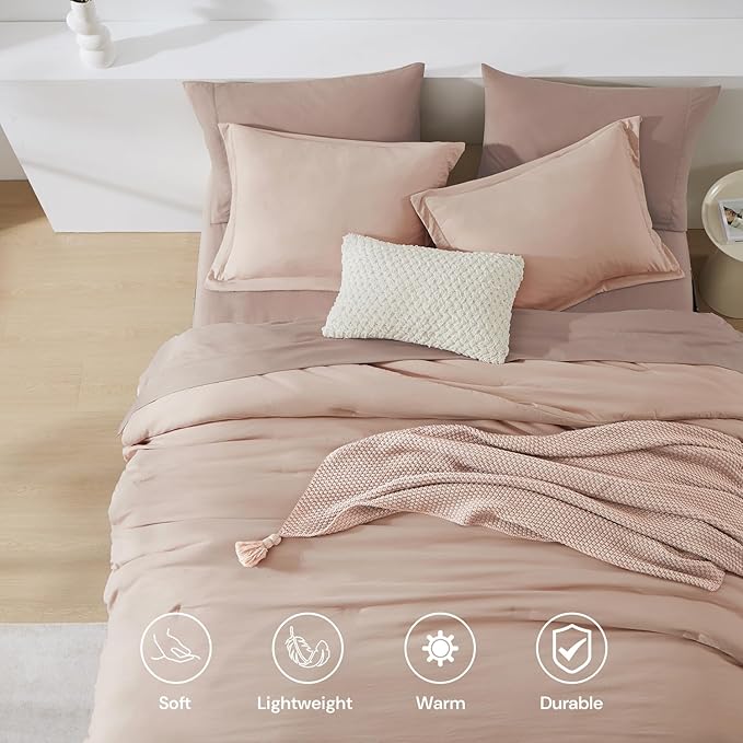 WRENSONGE Full Size Comforter Set- 7 Pieces Clay Pink Bed in a Bag Full Size Comforter with Fitted Sheet, Flat Sheet, 2 Pillow Shams, 2 Pillowcases, Warm Bedding Sets for All Season