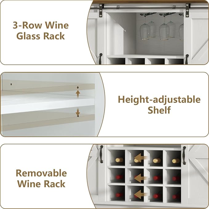 55 Inch Farmhouse Coffee Bar Cabinet with 3-Tier Storage, Kitchen Hutch with 12 Wine Racks & 3 Glass Holders, Coffee Bar with 6 Hooks, Wine Bar Cabinet for Dining Living Room, White