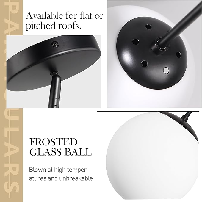 13.7" Globe Pendant Light 3-Light Black Milk Glass Pendant Light Mid Century Modern Light Fixture Globe Pendant Lights Kitchen Island Matte Black Finished with Milk Glass Lampshade for Bedroom