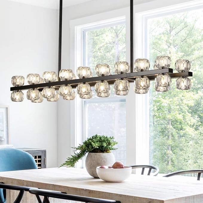 53" Linear Black Chandelier, 36 Lights Modern Crystal Chandelier for Dining Room, Island Lighting Fixture with Crystal Shades for Kitchen