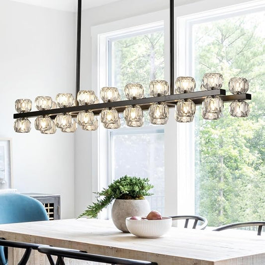 53" Linear Black Chandelier, 36 Lights Modern Crystal Chandelier for Dining Room, Island Lighting Fixture with Crystal Shades for Kitchen