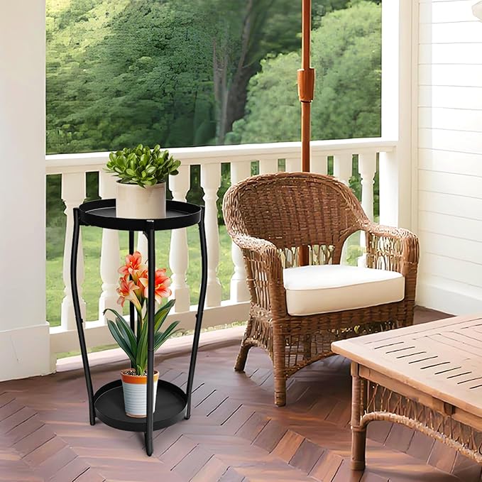 Plant Stand Indoor, 2 Tier Tall Plant Stands, 4-Leg Metal Flower Stand, Heavy Duty Plant Shelf Plant Rack Flower Stands for Living Room, Black
