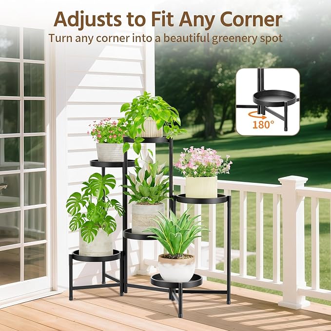 LASZOLA 6 Tiered Folding Plant Stand Indoor for Multiple Large Planter, Tall Heavy Duty Adjustable Rack with Rust Proof 10 Inch Wide Tray, Sturdy Vertical Tree Organizer for Narrow Inside Floor, Black