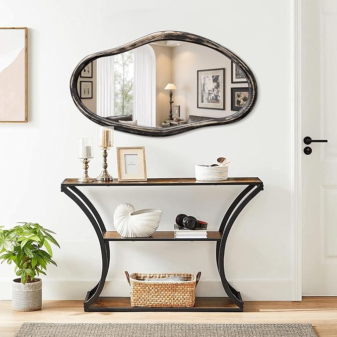 JJUUYOU Irregular Mirror Asymmetrical Wall Mirror 34"x22" Modern Hanging Mirrors for Bathroom Bedroom Living Room Hallway Large Wall Mounted Makeup Dressing Mirrors Rustic Black