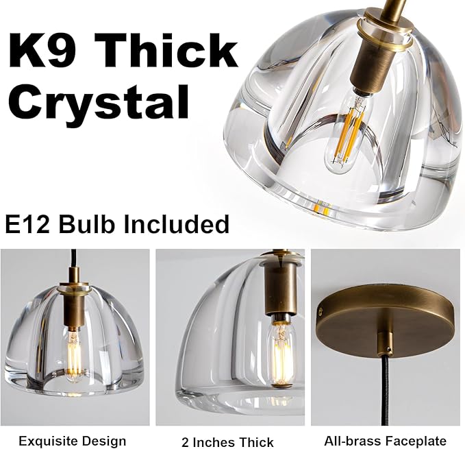 Brass Crystal Hemisphere Pendant Light, Kitchen Pendant Lighting Over Island, Farmhouse Pendant Light for Indoor Kitchen Island Dining Room Living Room Bedroom Bathroom, E12 Bulb Included
