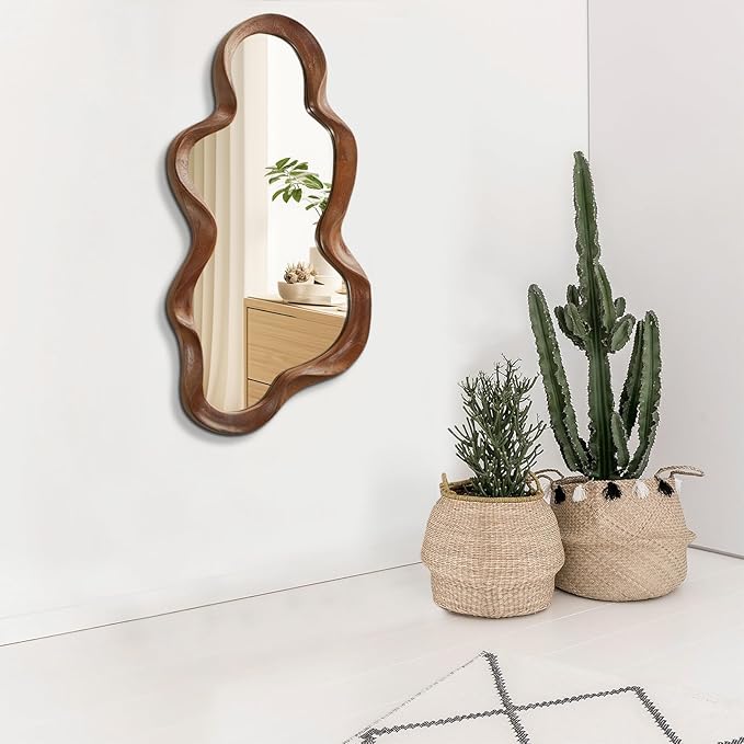Asymmetrical Mirror Large Irregular Wall Mirror Modern Wood Frame Unique Artistic Mirrors Cute and Stylish Cloud Wavy Mirror Decorative for Cloakroom Bedroom Living Room Bathroom Entryway 30"x14"