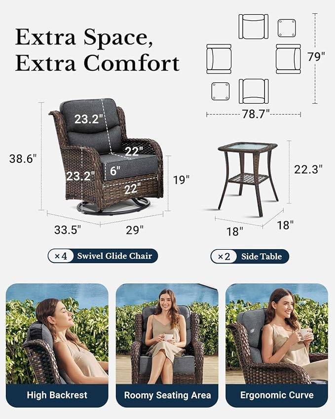 HILLGA Luxury Patio Furniture Set with 6-Inch Thick Cushions, High Back Outdoor Swivel Rocker Chairs and Table, 6-Piece All Weather Conversation Set for Porch Deck Balcony Yard, Dark Grey (V3)