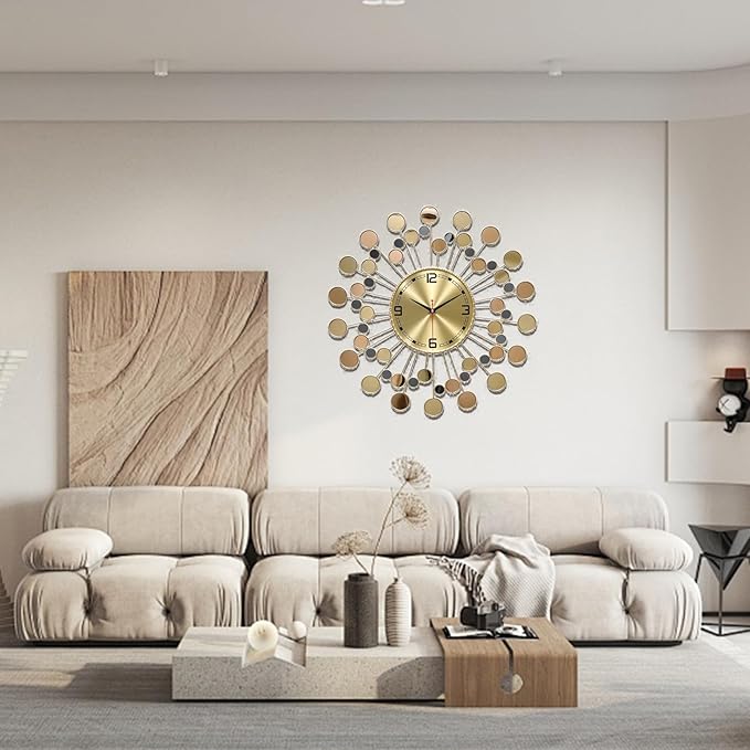 Wall Clock 22.83 Inch Gold - Large Sunburst Clock Non-Ticking Battery Operated, Starburst Round Wall Watch with Shell Disc Decoration for Living Room Bedroom Kitchen Office Home Decor