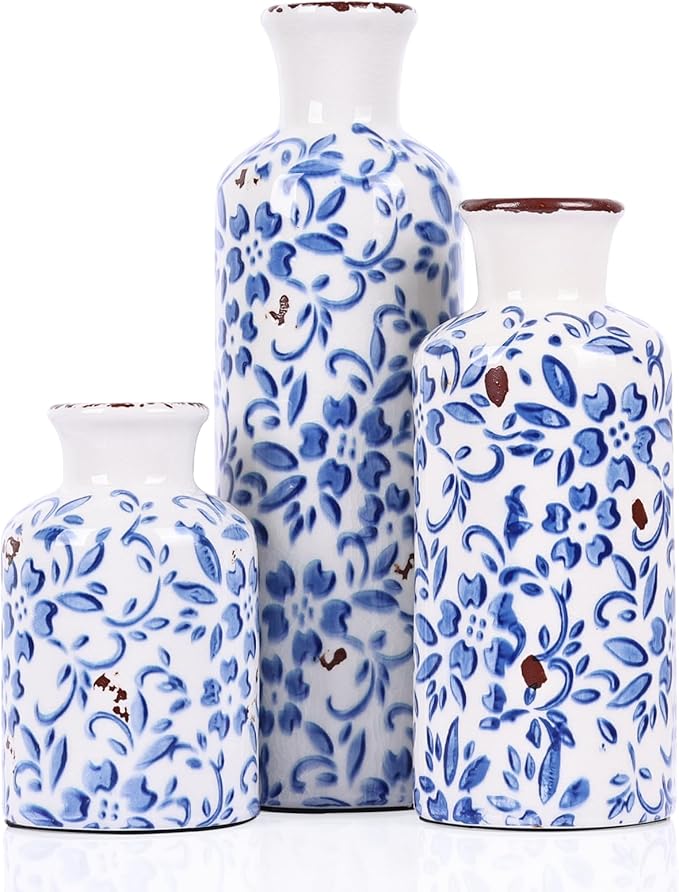 Blue and White Ceramic Vase Set of 3 – Vintage Floral Porcelain Pottery Vases, Rustic Decorative Vases for Flowers, Farmhouse Chinoiserie Home Decor, Table, Mantel, Living Room & Shelf Centerpieces