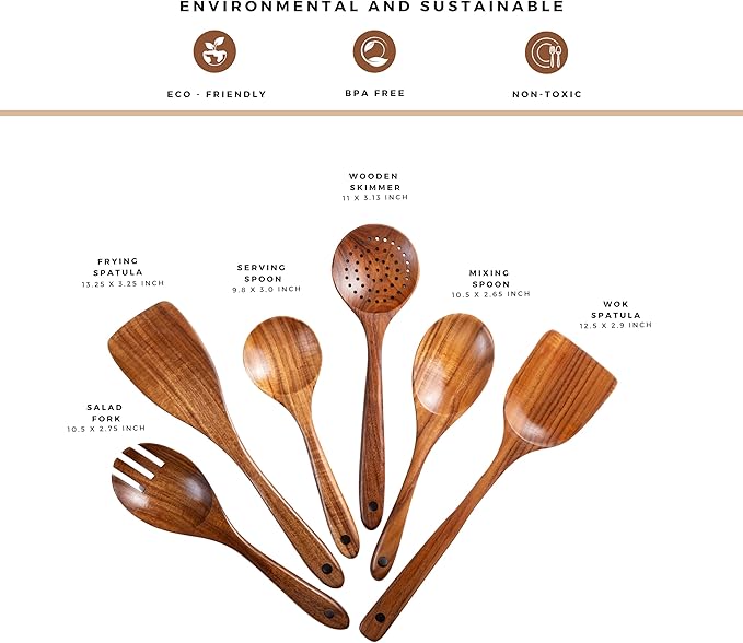 New Kitchen 6 Piece Wooden Spoons for Cooking - Smooth Finish Teak Kitchen Utensils Set - Non-Stick Wooden Spatula Perfect Kitchen Essential and Gift - Long Wooden Spoon Sets
