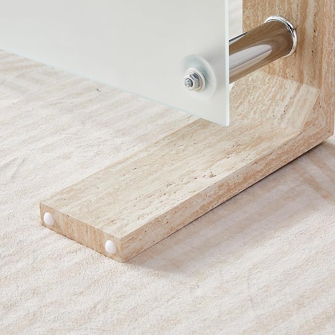 Living Room Rectangle Coffee Table, Tea Table Suitable for Waiting Room, Modern Side Coffee Table with Wooden Leg, Glass Tabletop with Lower Shelf (Yellow Travertine)