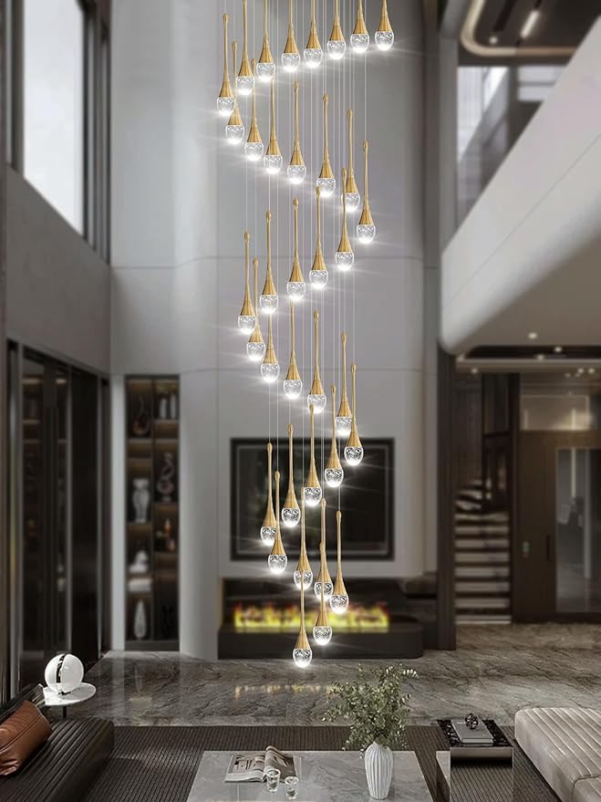 H150 Spiral Chandelier Lighting Modern Gold Chandelier Light Fixture for Foyer Hallway Crystal Chandeliers for High Ceilings Suitable for Sloping Ceiling 2700-6000k Dimmable