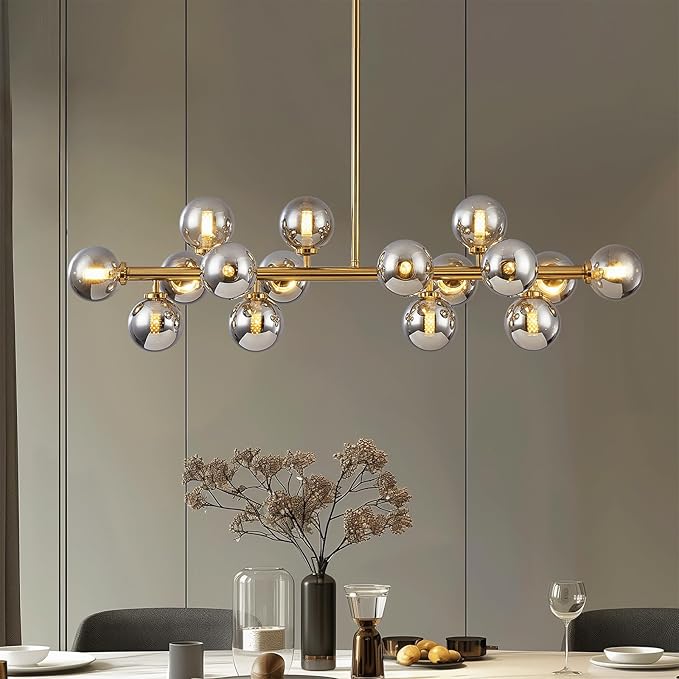 Glass Globe Sputnik Chandelier, 16-Light Mid Century Modern Light Fixture Over Table, Linear Chandeliers for Dining Room, Kitchen Island, Brass Gold and Smoke Grey Bubble, 40 Inch, GC-02