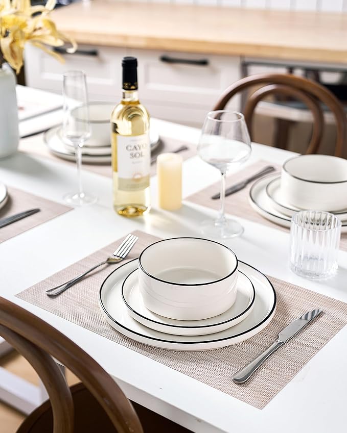 Famiware Porcelain Dinnerware Set, 12-Piece Modern Plate and Bowl Set, Dish Set for 4, Microwave and Dishwasher Safe Tableware, White with Black Trim