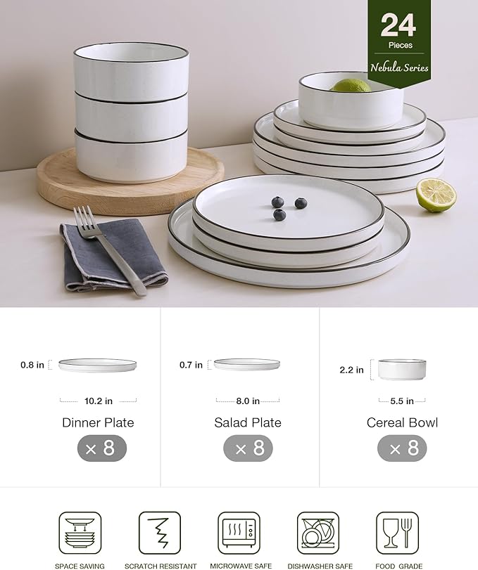 Famiware Nebula Plates and Bowls Set, 24 Pieces Dinnerware Sets, Dishes Set for 8, White with Black Rim