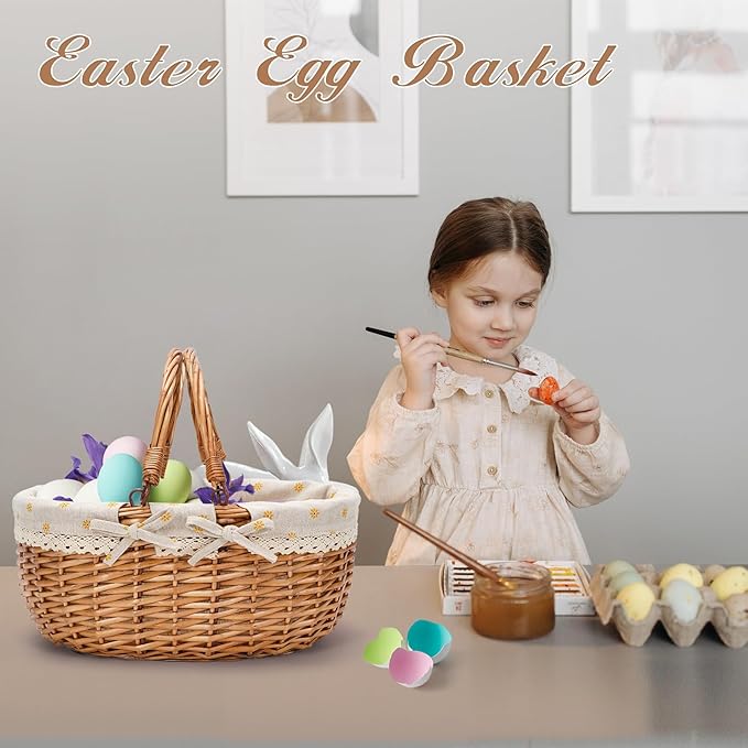 G GOOD GAIN Wicker Picnic Basket with Double Folding Handles,Willow Picnic Hamper,Natural Hand Woven Easter Basket,Easter Eggs and Candy Basket,Bath Toy and Kids Toy Storage,Gift Packing Basket.Yellow