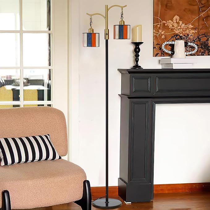 Vintage Dimmable Floor Lamp, Tiffany Standing Lamp with 2 Stained Glass Shades, Rustic Farmhouse Floor Lamp with Black and Gold Finish for Living Room Bedroom