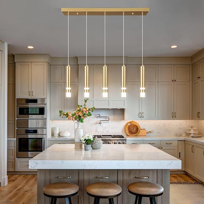 5-Light Dining Room Modern Pendant Light Kitchen Fixture Dimmable LED Gold Pendant Lighting fo Kitchen Island Study Pendant Lights