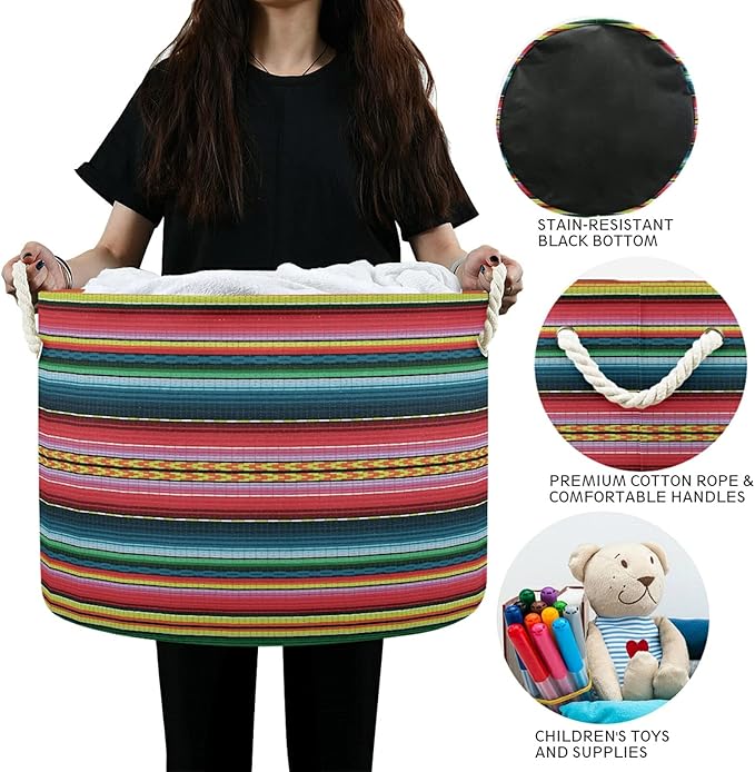 xigua Large Storage Cotton Rope Basket Mexican Serape Blanket Stripes Colorful Laundry Hamper