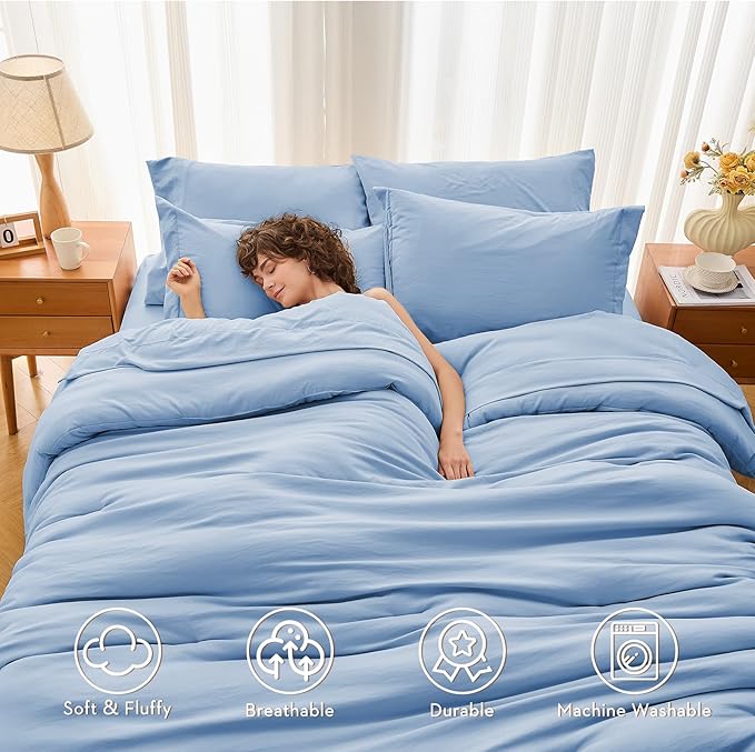 MUXHOMO 7 Pieces Full Comforter Set, Soft Bed in a Bag Full Size, All Season Bedding Set with Comforter, Flat Sheet, Fitted Sheet, Pillowcases & Shams, Greyish Blue