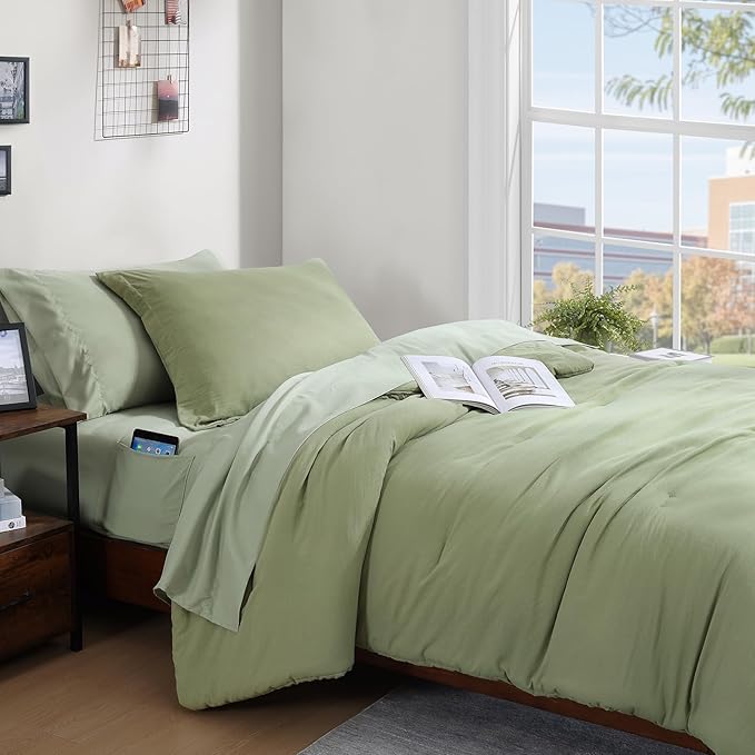 WRENSONGE Twin Comforter Set- 5 Pieces Sage Green Bed in a Bag, All Season Twin XL Bedding Sets with 1 Fitted Sheet, 1 Flat Sheet, 1 Pillow Sham and 1 Pillowcase