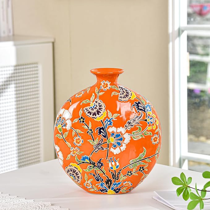 Sungmor High-Class Enamel Painted Porcelain Vase, Traditional Hand-Carved Overglaze Color Ceramic Vase for Fresh Flowers Dried Plants Arrangement, Decorative Vase for Centerpieces, Shelf, Living Room