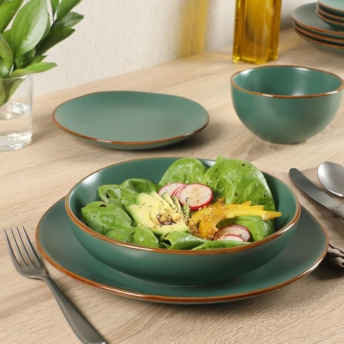 Gibson Home Hazeltine 16 Piece Plates and Bowls Dishes Stoneware Ceramic Dinnerware Set - Green