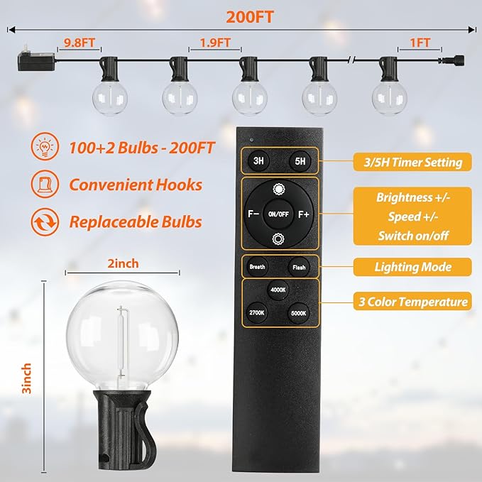 200FT LED Outdoor String Lights with 3 Color Lights, Dimmable String Lights for Outside with Remote, G40 Globe Waterproof Patio Lights with 100 Shatterproof Bulbs for Party Backyard BBQ House Camping