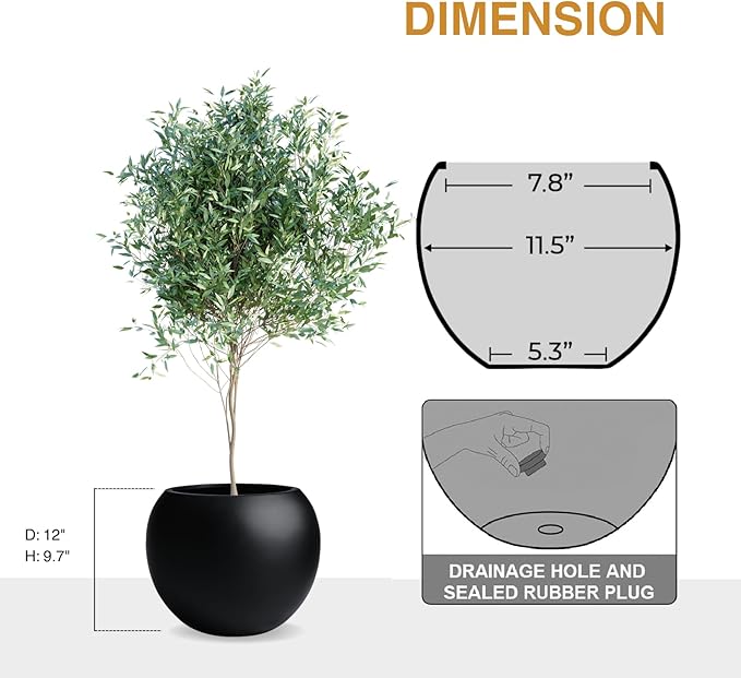9.7" H x 12" D Globo Fiberstone Round Planter with Drainage Hole, Weather Resistant, Smooth Finish, Planters for Indoor Plants & Outdoor, 2 Extra Coco Mats (Black, 7.8" Pot Opening)