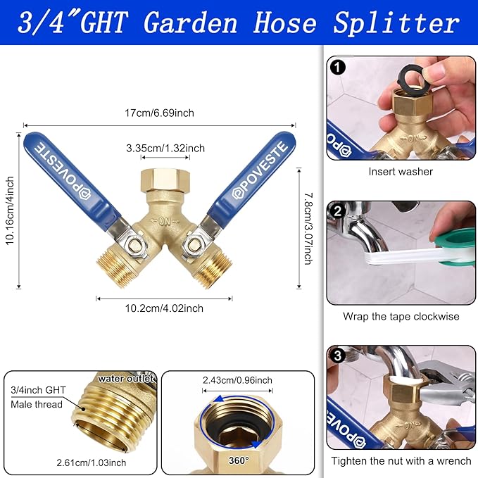 2 Way Brass Garden Hose Splitter Heavy Duty, Full Flow Y Valve Water Hose Splitter With Anti-Pinch Finger Long Raised Handle, 3/4" GHT Thread Water Tap for Gardening