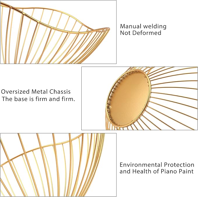 Metal Wire Fruit Basket, Gold Fruit Bowl for Kitchen Counter, Fruit Holder Stand Storage Baskets for Countertop, Home Decor, Table Centerpieces, Vegetable Bowls for Fruits, Veggies, Snacks (Gold)