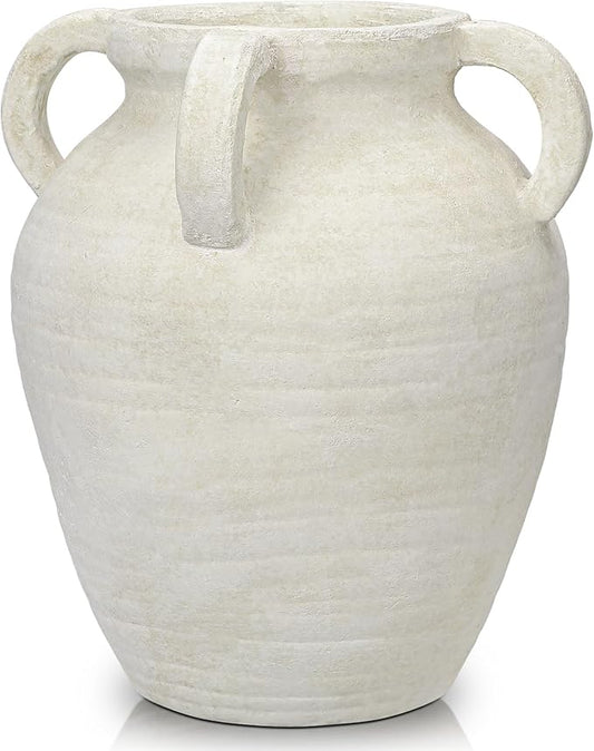 Handmade Flower Vase, 12" Tall Terracotta Vase, White Vintage Ceramic vase, Rustic Antique Decor with 3 Handles, Wide Mouth, Matte Finish for Home Office Resto Café Décor